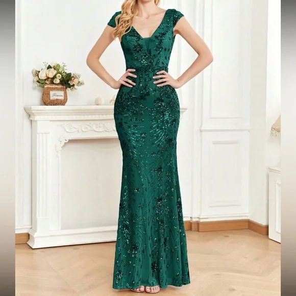 Luxe V neck sequin formal evening party dress